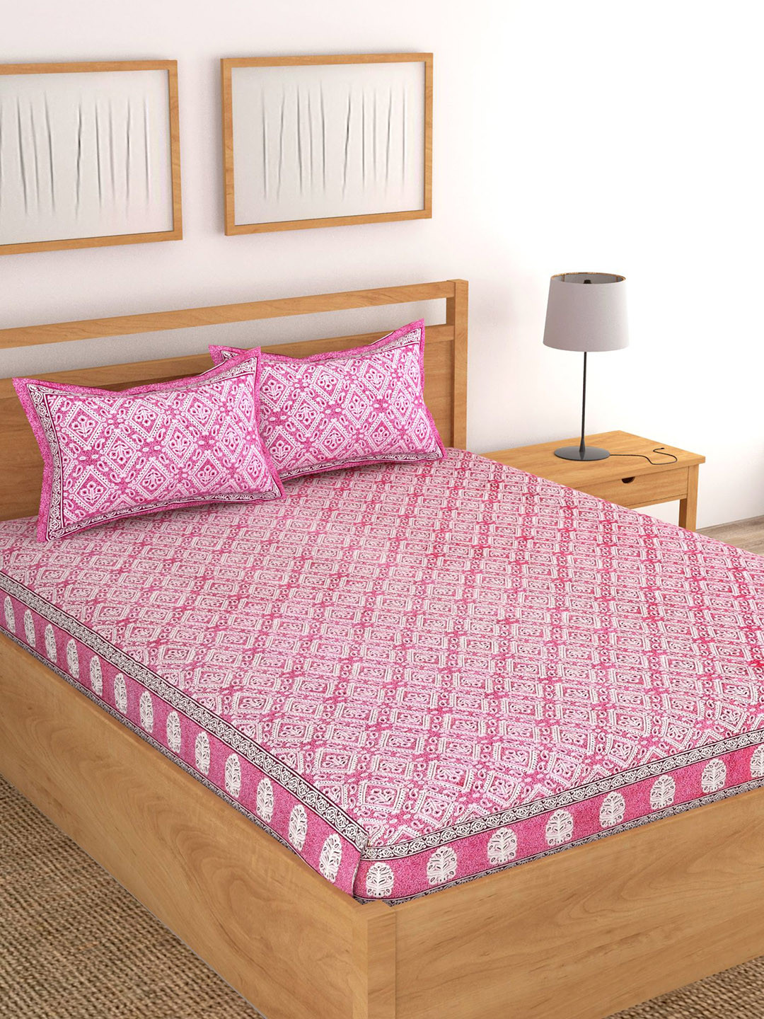 Lali Prints Pink Floral Cotton 180 TC King Fine Bedsheet with 2 Pillow Covers-93 x 108 inches