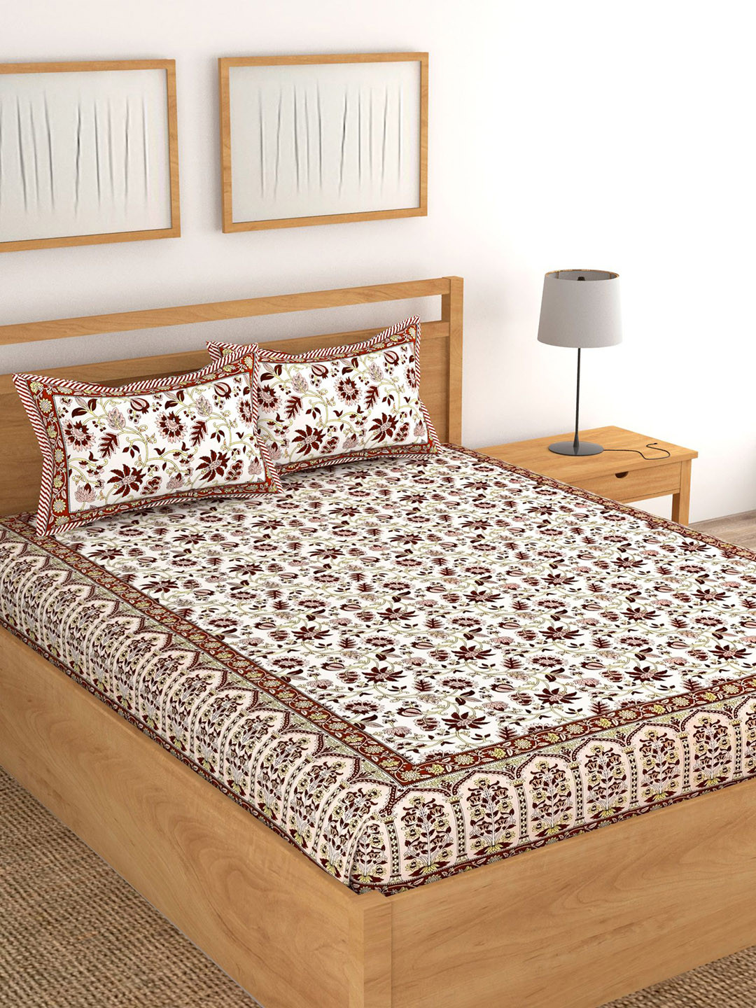 Lali Prints Jaipuri Peach Floral Cotton 180 TC King Fine Bedsheet with 2 Pillow Covers-93 x 108 inches