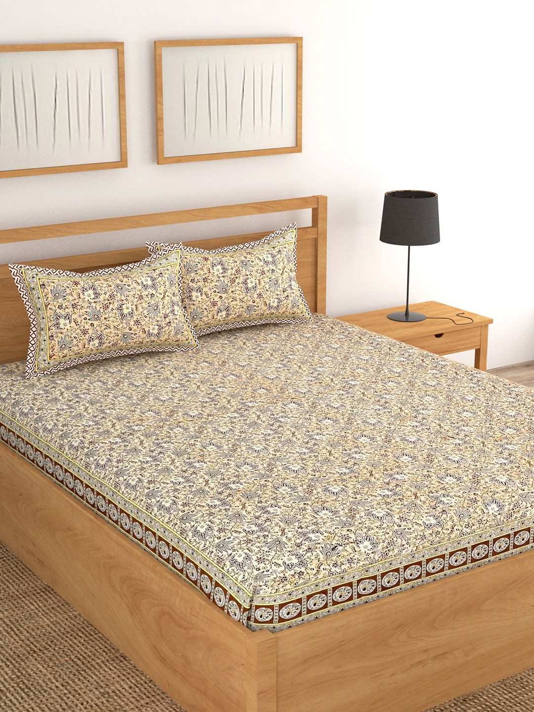 Lali Prints Brown Ethnic Motifs Cotton 180 TC King Fine Bedsheet with 2 Pillow Covers-236 x 275 cm