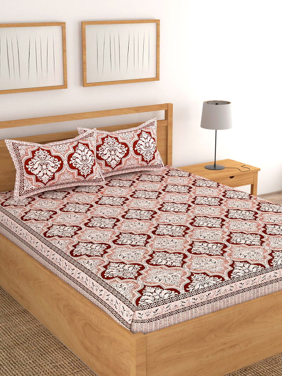 Lali Prints Jaipuri Block Print Peach Ethnic Motifs Cotton Breathable 180 TC King Fine Bedsheet with 2 Pillow Covers-93 x 108 inches
