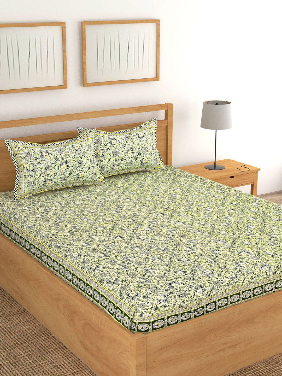 Lali Prints Jaipuri Block Green Floral Cotton 180 TC King Fine Bedsheet with 2 Pillow Covers-236 x 275 cm