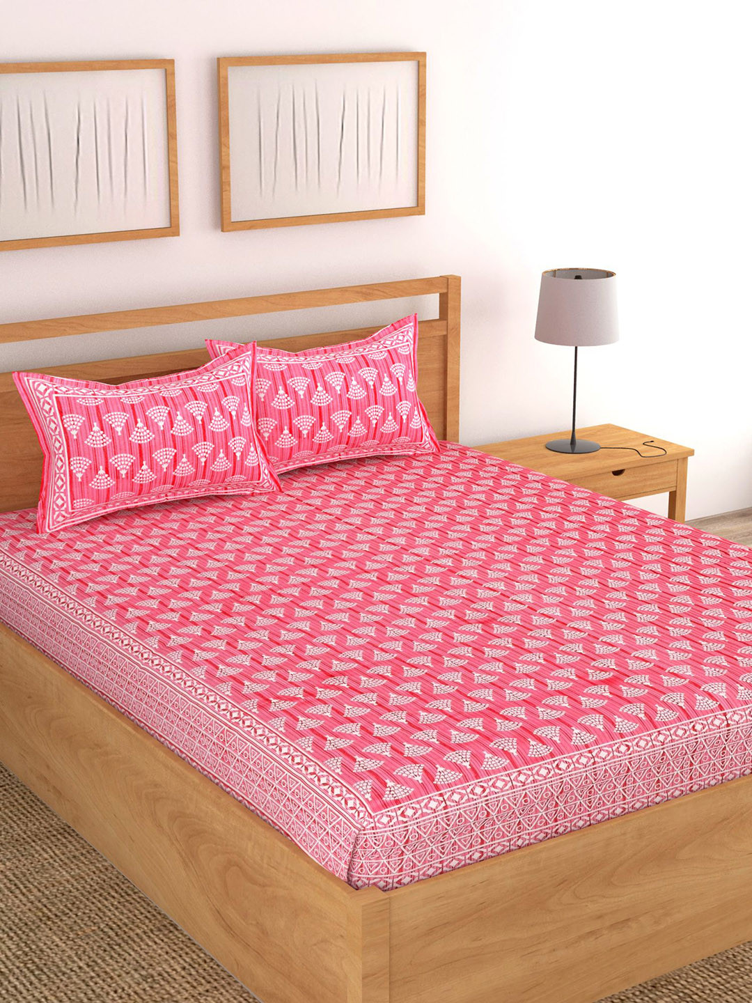 Lali Prints Pink Ethnic Motifs Cotton 180 TC King Fine Bedsheet with 2 Pillow Covers-93 x 108 inches