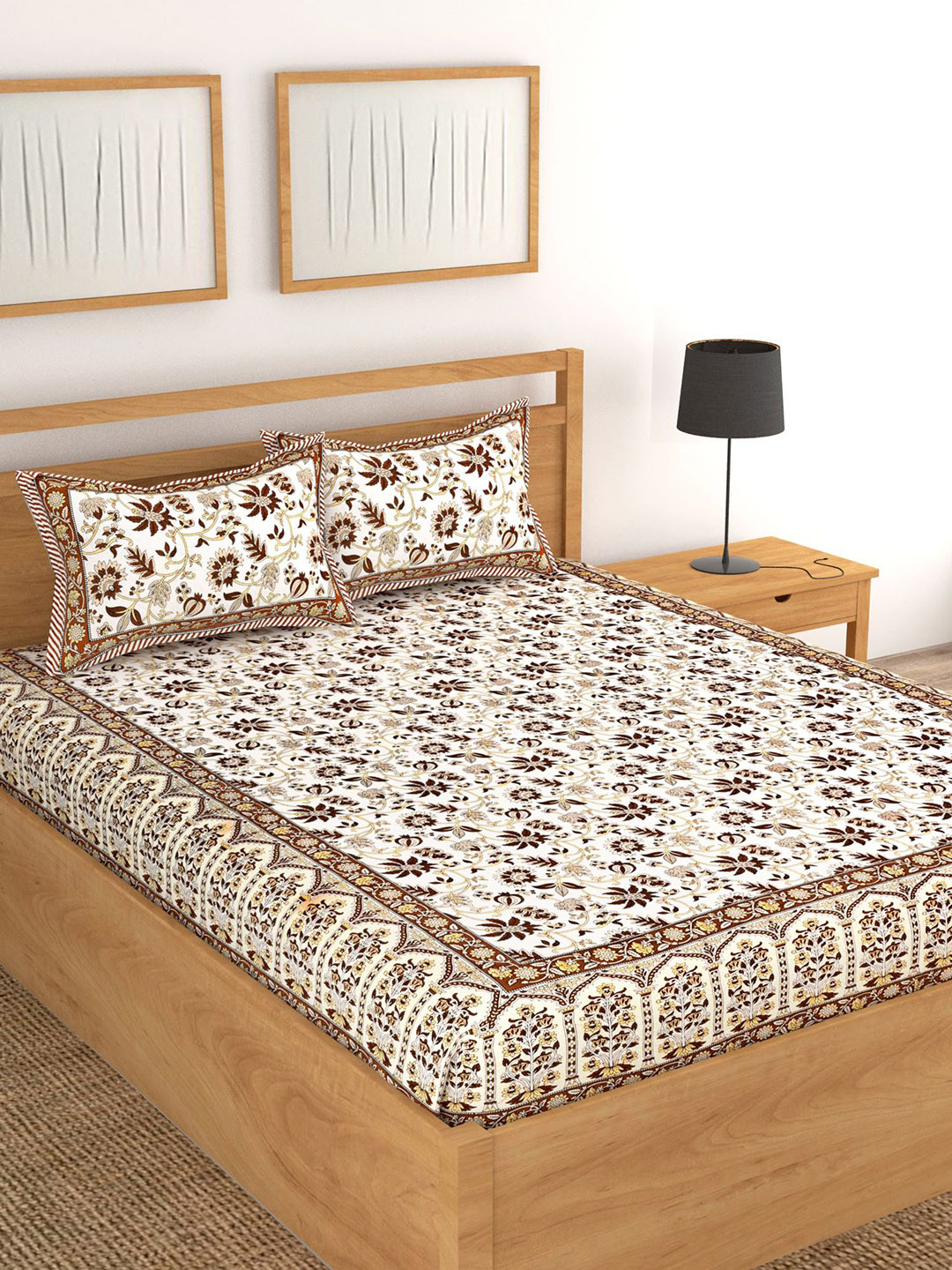 Lali Prints Jaipuri Block Print Brown Ethnic Motifs Cotton 180 TC King Fine Bedsheet with 2 Pillow Covers-93 x 108 inches