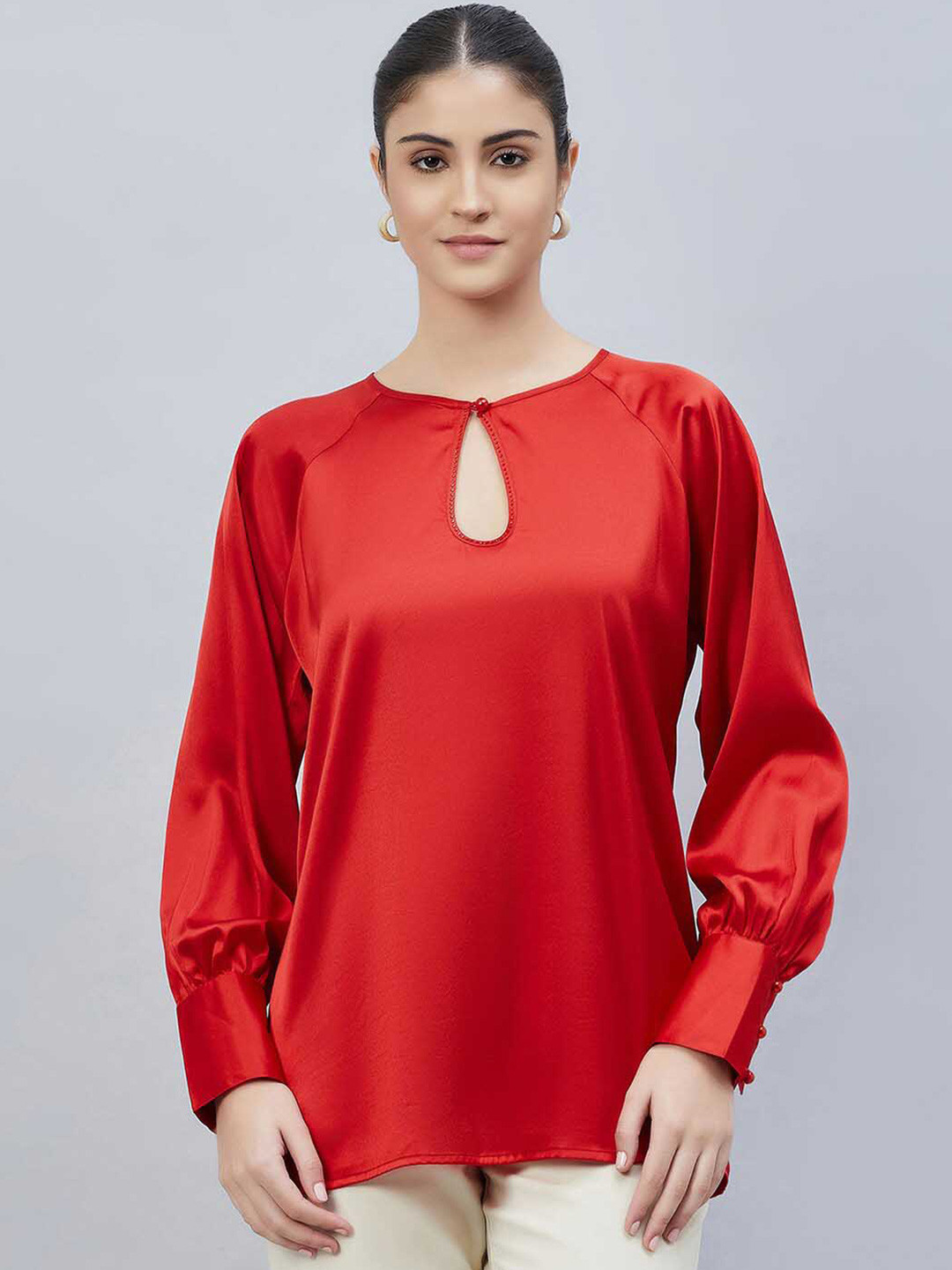 First Resort by Ramola Bachchan Keyhole Neck Cuffed Sleeves Gathered Regular Top