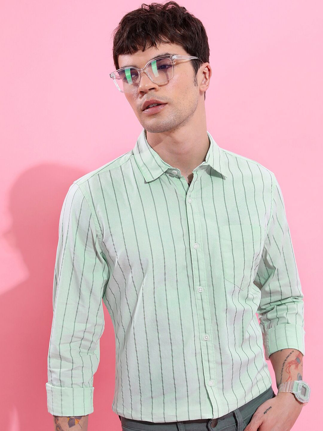 KETCH Green Slim Fit Vertical Striped Cotton Casual Shirt