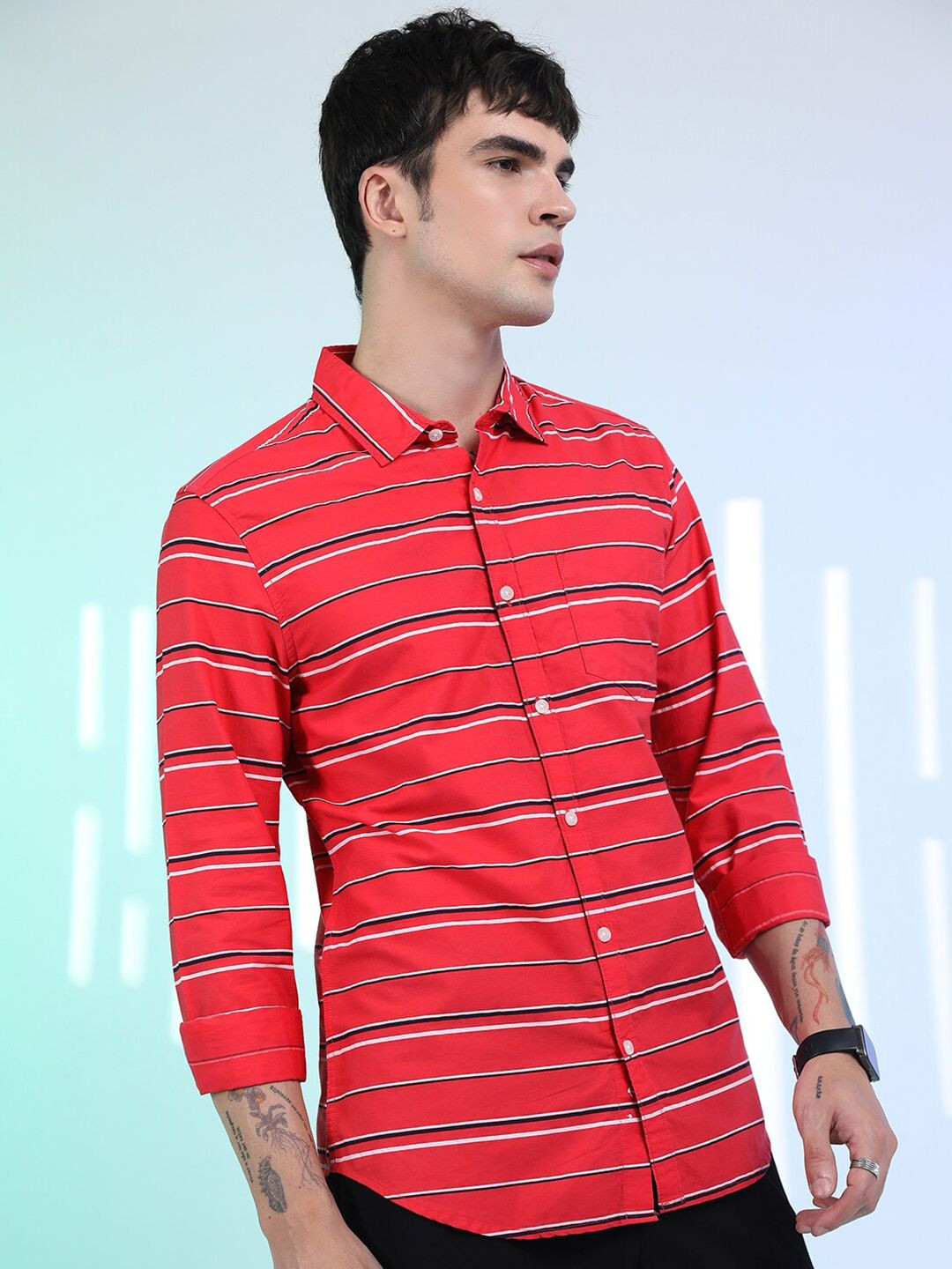 KETCH Red Slim Fit Horizontal Striped Cotton Casual Shirt