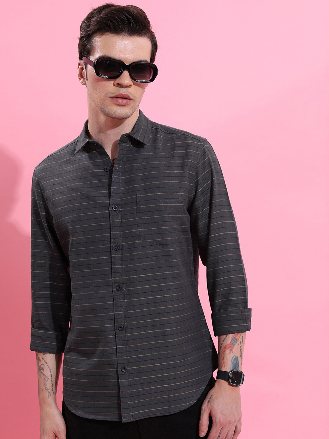 KETCH Grey Slim Fit Horizontal Striped Casual Shirt