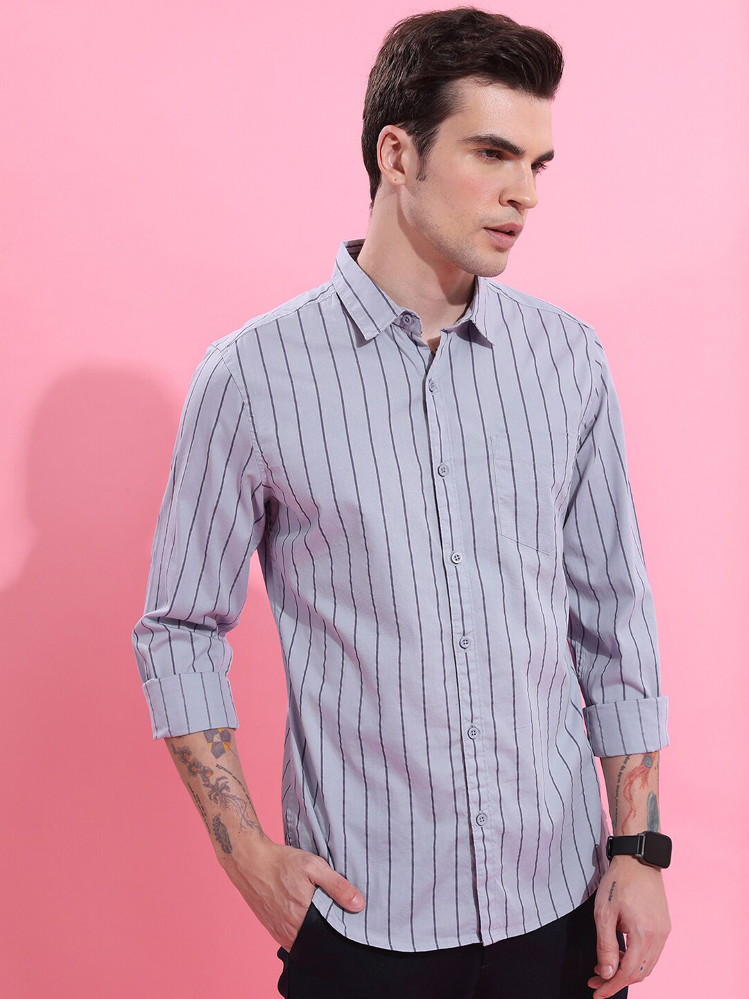 KETCH Purple Vertical Striped Cotton Slim Fit Casual Shirt
