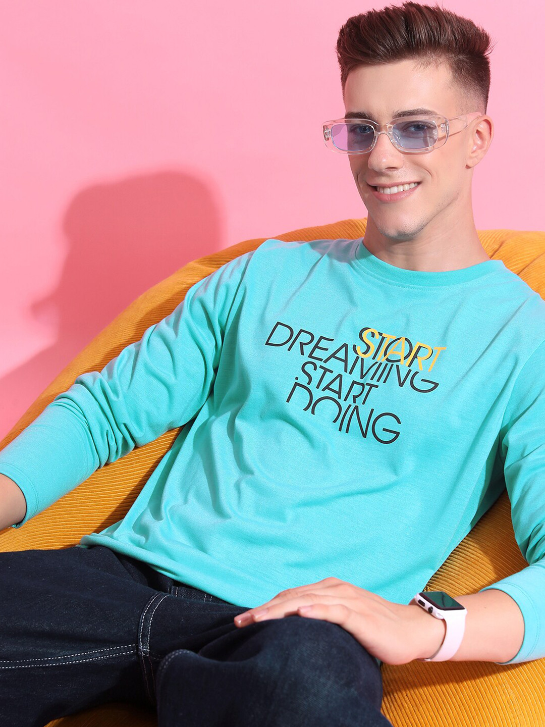 HIGHLANDER Turquoise Blue Typography Printed Long Sleeves Relax Fit  T-shirt