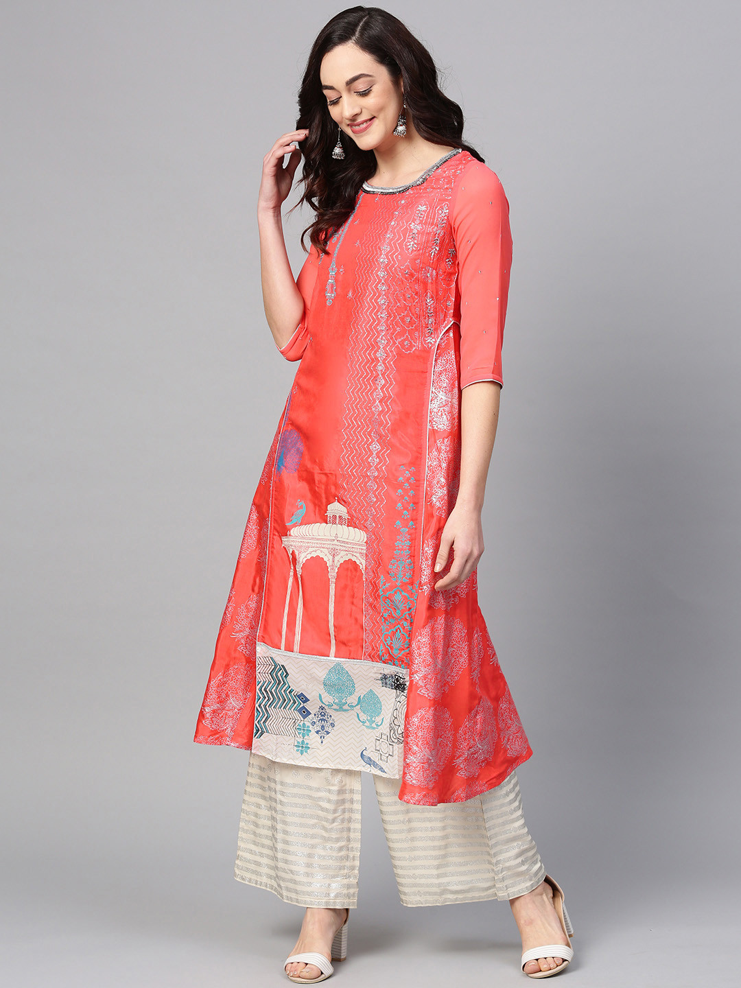 Wishful by W Women Coral Red & Silver Printed A-Line Kurta