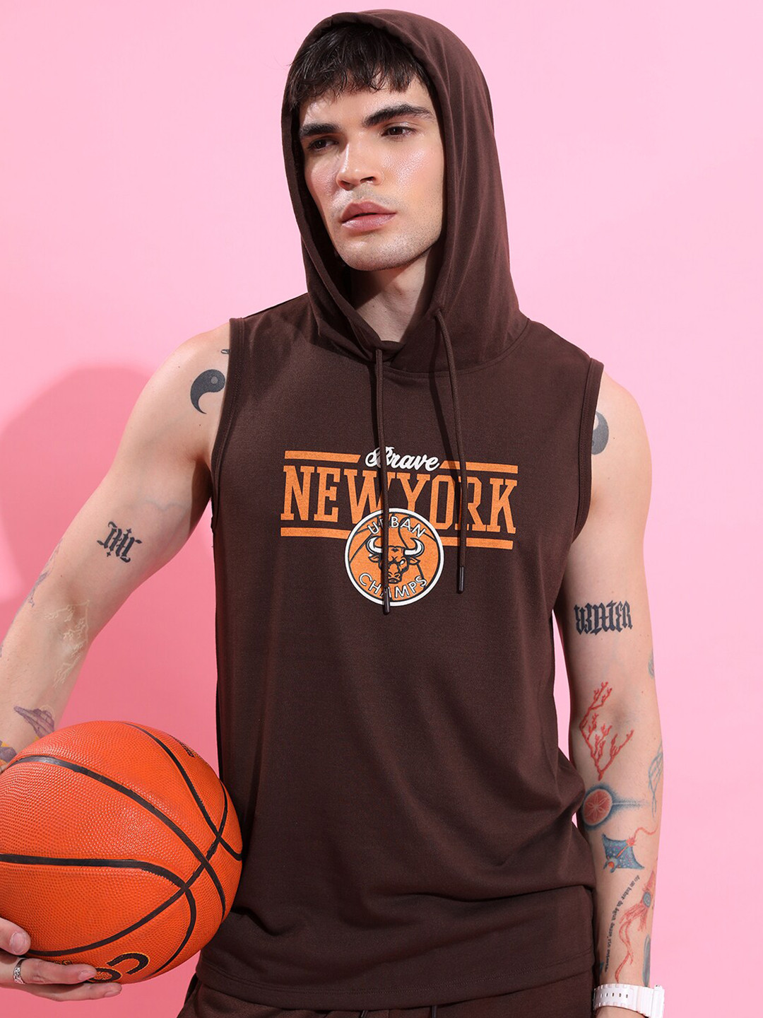 HIGHLANDER Coffee Brown Typography Hooded Relaxed Fit T-shirt