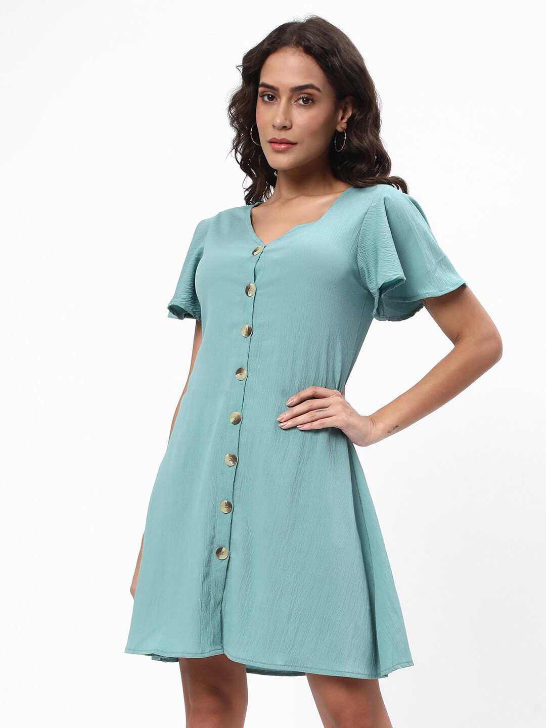 R&B Green Flared Sleeves A-Line Dress