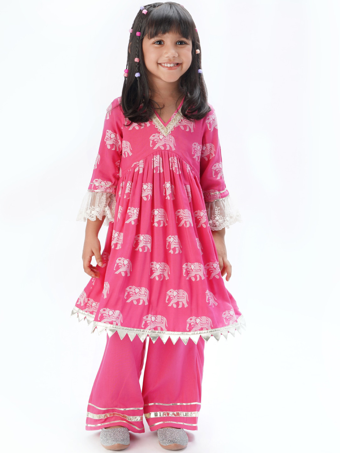 LIL DRAMA Girls Animal Printed V-Neck Anarkali Kurta with Trousers