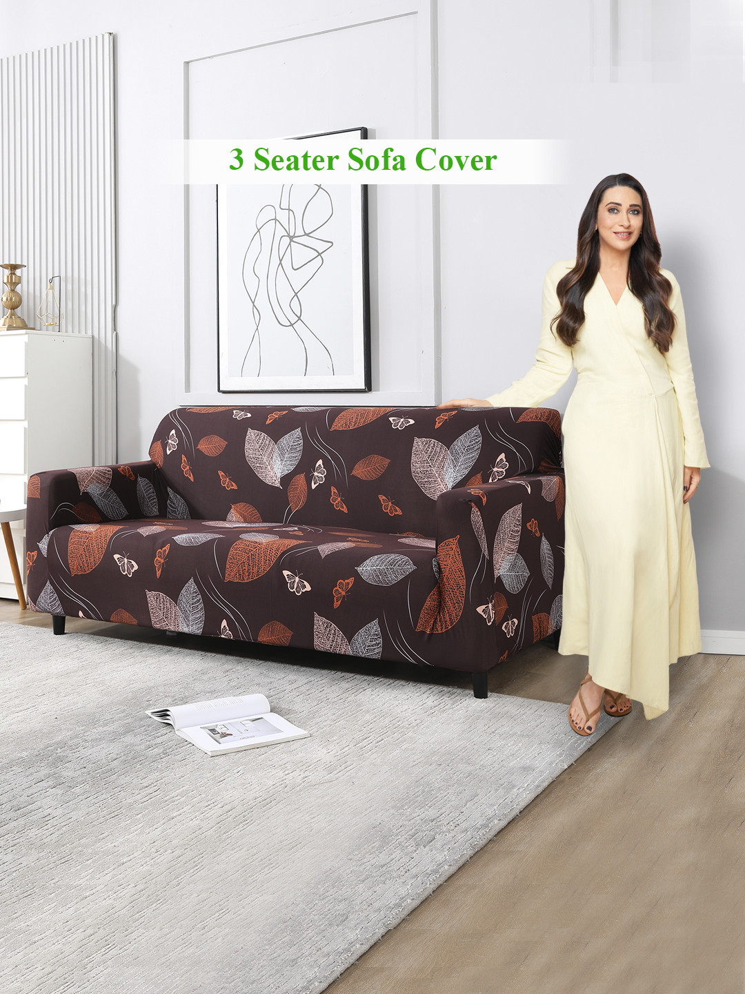 HOKIPO Brown Printed Stretchable Universal 3 Seater Sofa Cover