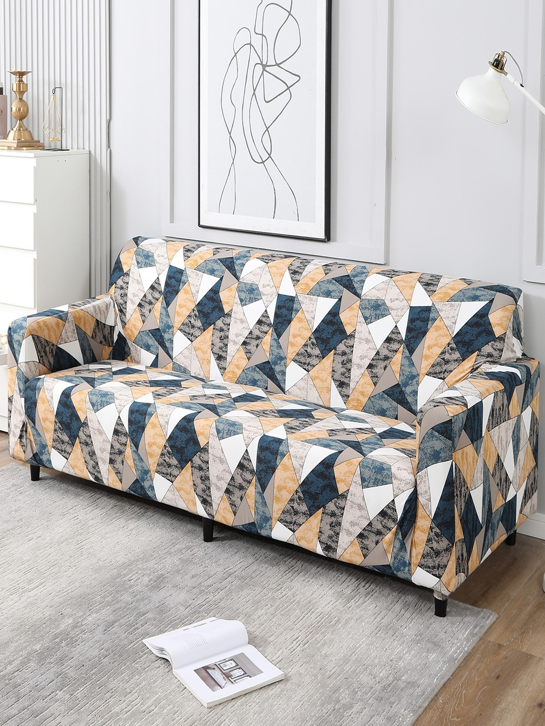 HOKIPO Blue & Peach Printed Stretchable Universal 4 Seater Sofa Covers