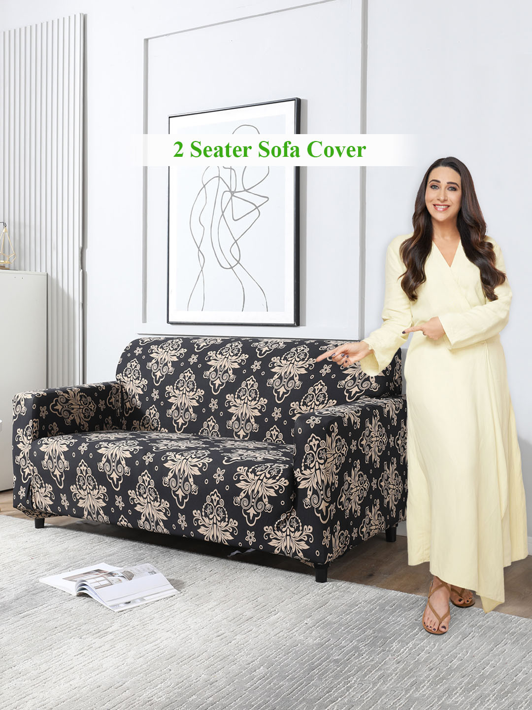 HOKIPO Black Printed Stretchable Universal 2 Seater Sofa Cover