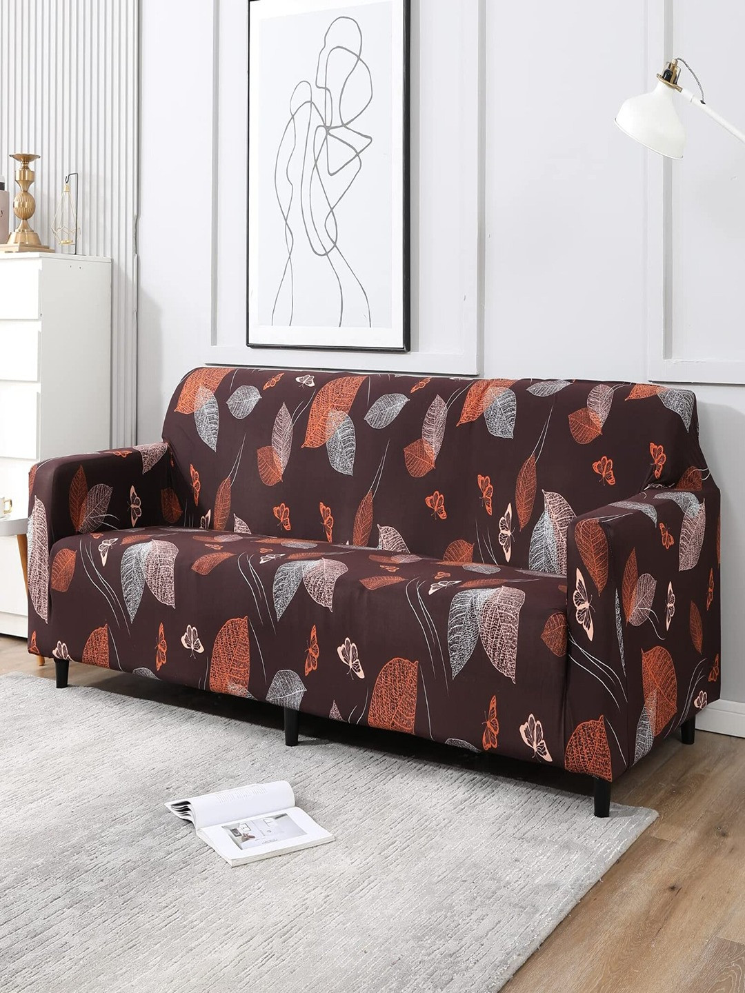 HOKIPO Brown Printed Stretchable Universal 4 Seater Sofa Cover