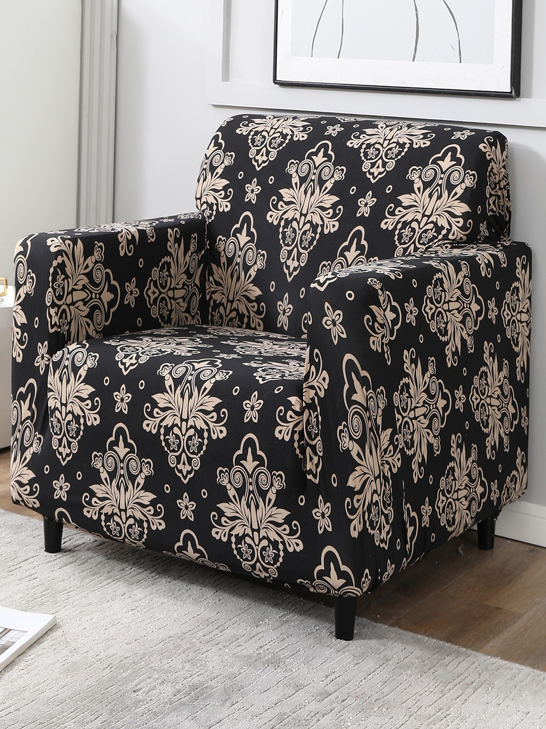 HOKIPO Black & Beige Ethnic Motifs Printed Stretchable Universal 1 Seater Sofa Covers