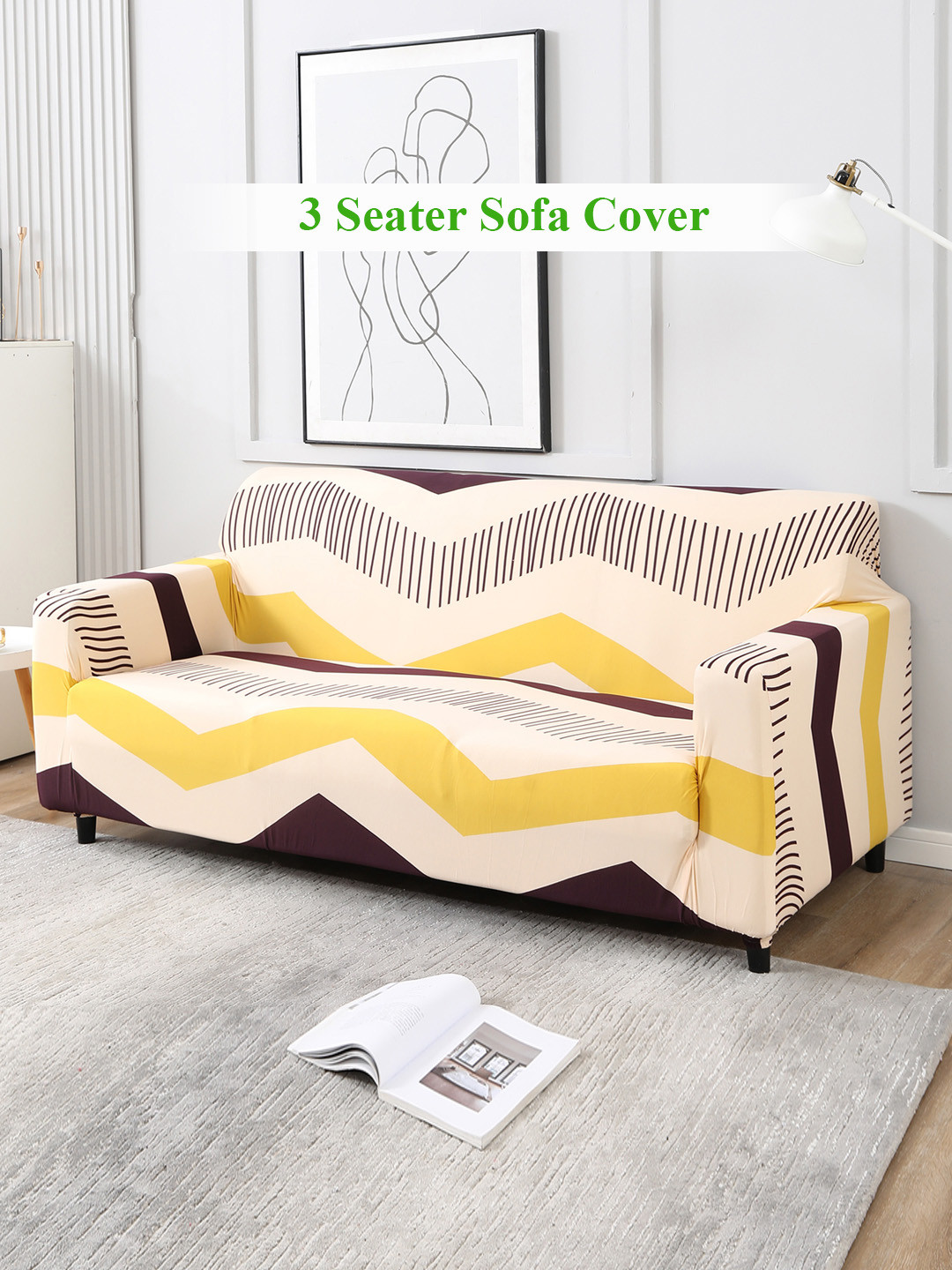 HOKIPO Beige & Yellow Printed Stretchable Universal 3 Seater Sofa Covers