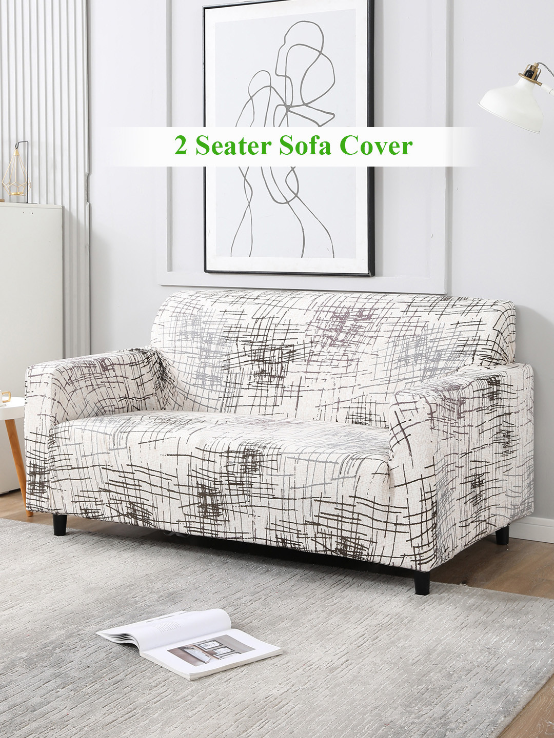 HOKIPO Beige & Brown Printed Stretchable Universal 2 Seater Sofa Cover