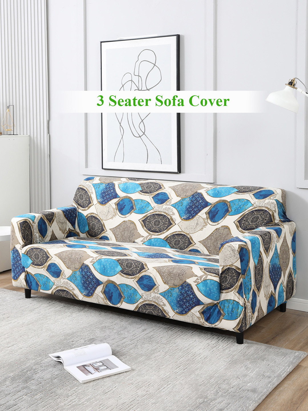 HOKIPO Blue Printed Stretchable Universal 3 Seater Sofa Cover