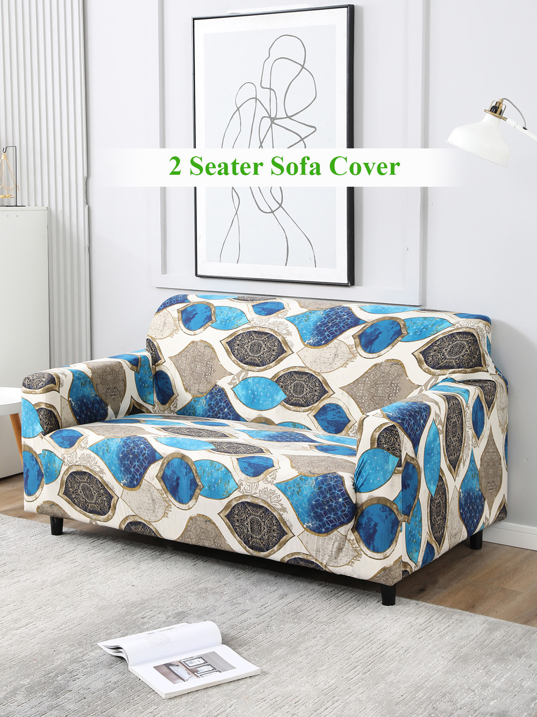 HOKIPO Blue & Beige Printed Stretchable Universal 2 Seater Sofa Cover