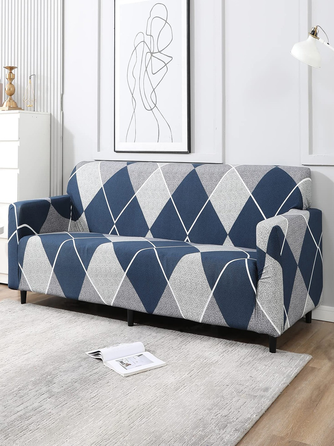 HOKIPO Blue Printed Polyester Stretchable 4-Seater Sofa Cover