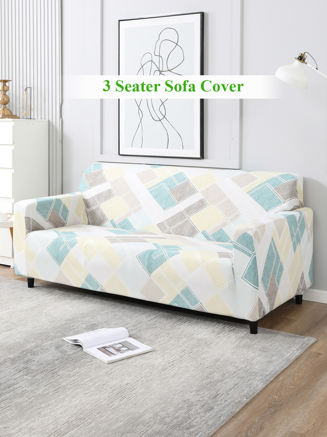 HOKIPO White & Green Printed Polyester Stretchable 3-Seater Sofa Cover