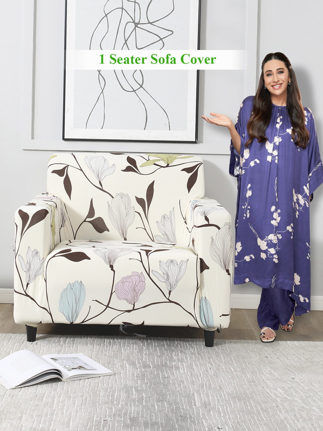 HOKIPO Beige & Black Printed 1-Seater Sofa Covers