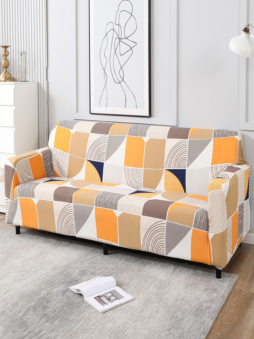 HOKIPO Orange-Colored & Beige Printed 4-Seater Sofa Covers