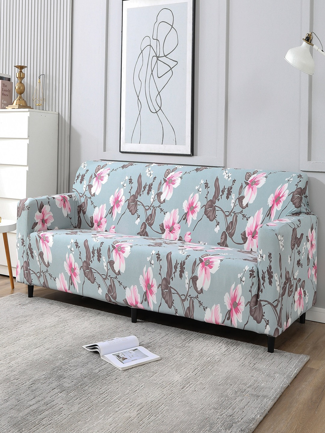 HOKIPO Grey & Pink Printed 4-Seater Sofa Cover
