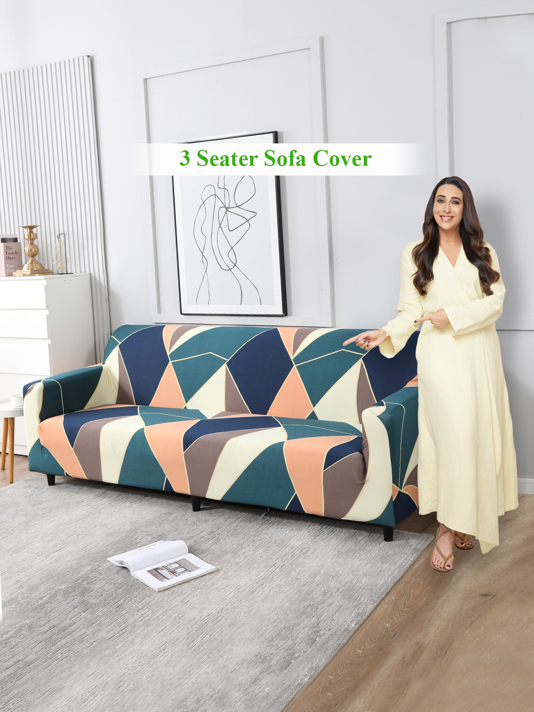 HOKIPO Green & Yellow Printed 3-Seater Sofa Covers