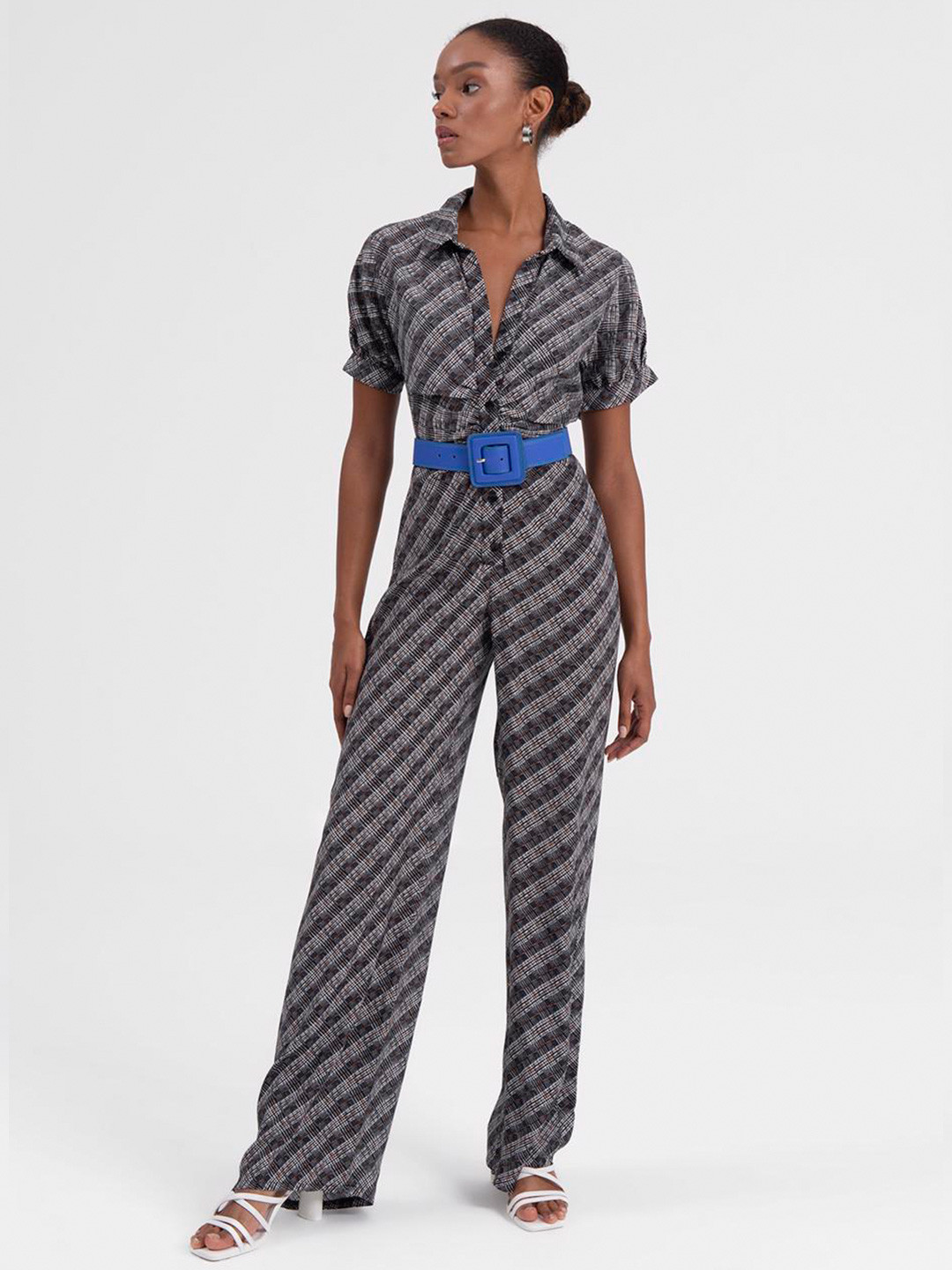PRET A TUER Shirt Collar Waist Tie-Ups Checked Basic Jumpsuit