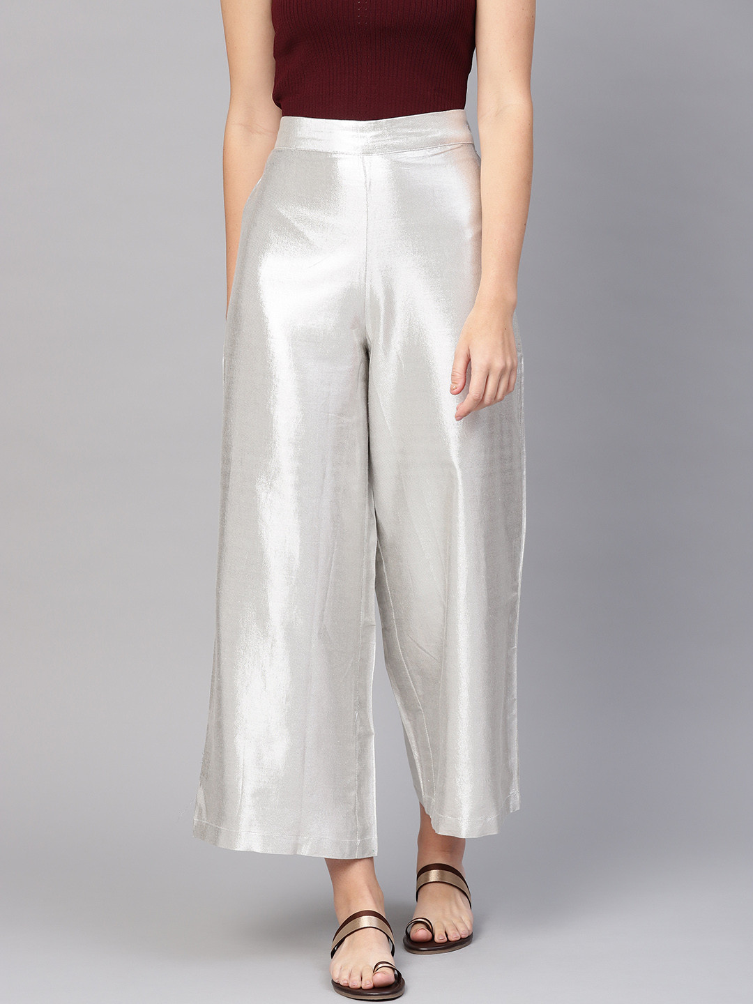 WISHFUL by WWomen Silver Solid Wide Leg Palazzos