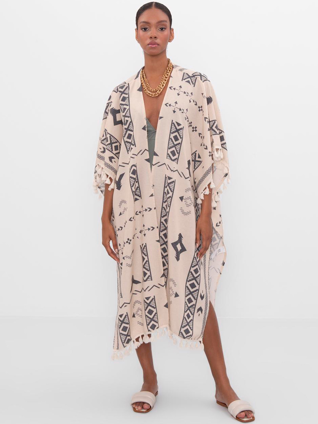 PRET A TUER Geometric Printed Longline Belted Kimono Sleeves Swimwear Coverup Top