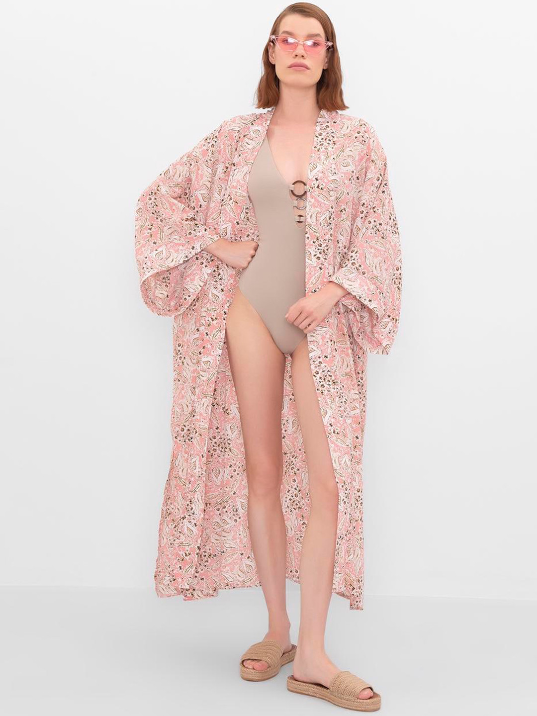 PRET A TUER Floral Printed Longline Open Front Swimwear Coverup Top