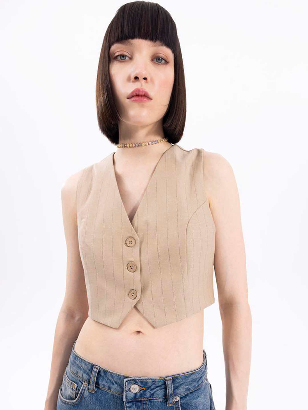 PRET A TUER Striped Crop Open Front Waistcoat