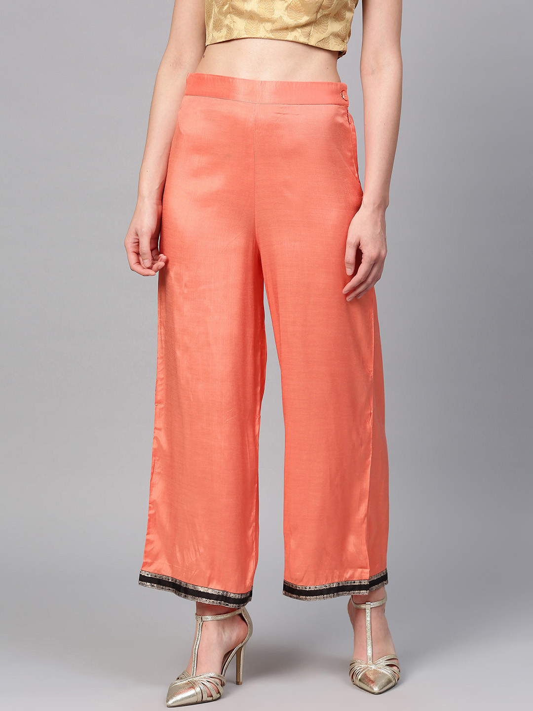 W Women Orange Wide Leg Solid Palazzos