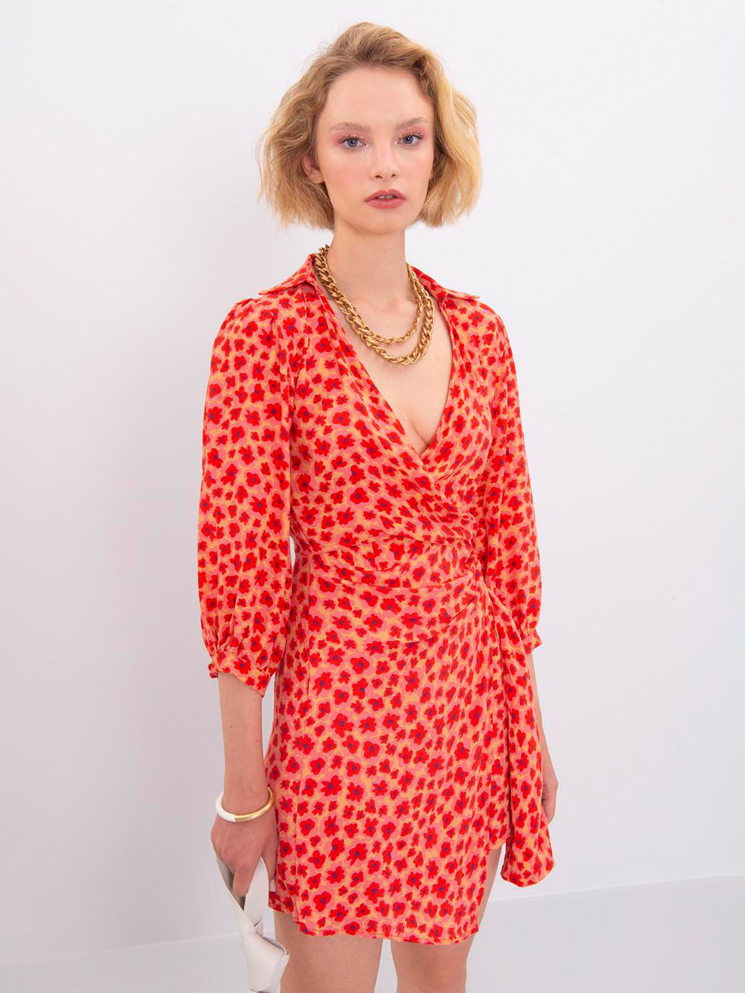 PRET A TUER Orange Floral Printed Puff Sleeve A-Line Dress