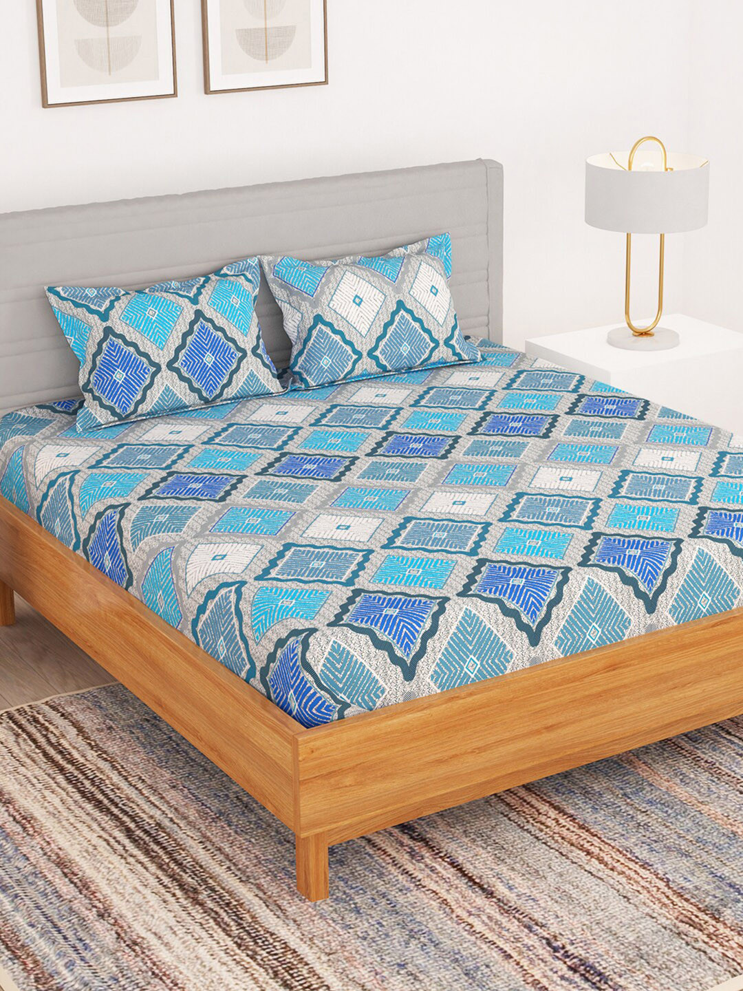 Bedspun Olive Blue Geometric Microfiber 180 TC Queen Fine Bedsheet with 2 Pillow Covers-89 x 87 inches