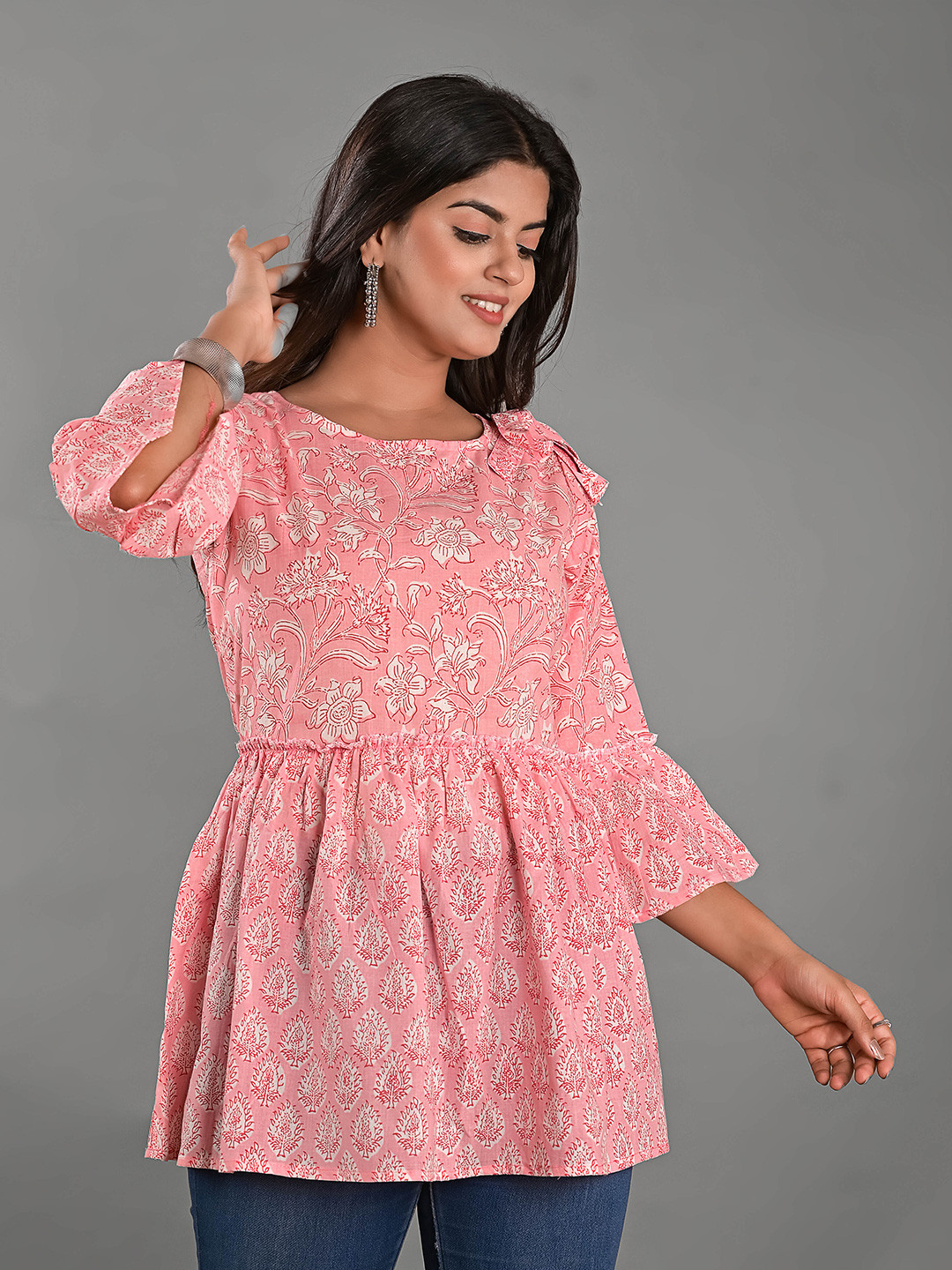 Girly Girls Floral Printed Bell Sleeves Cotton Peplum Top
