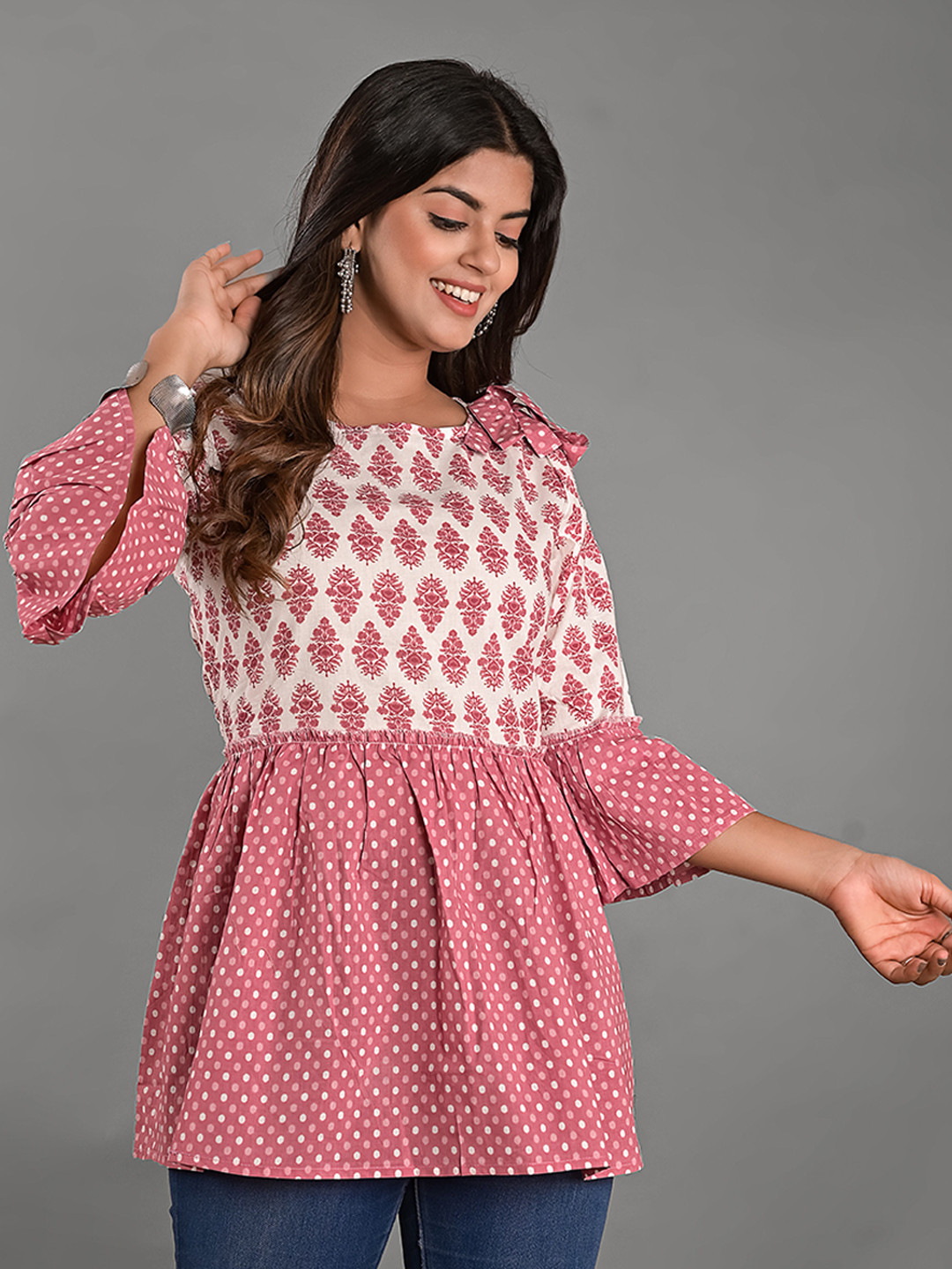 Girly Girls Ethnic Motifs Printed Bell Sleeve Cotton Peplum Top