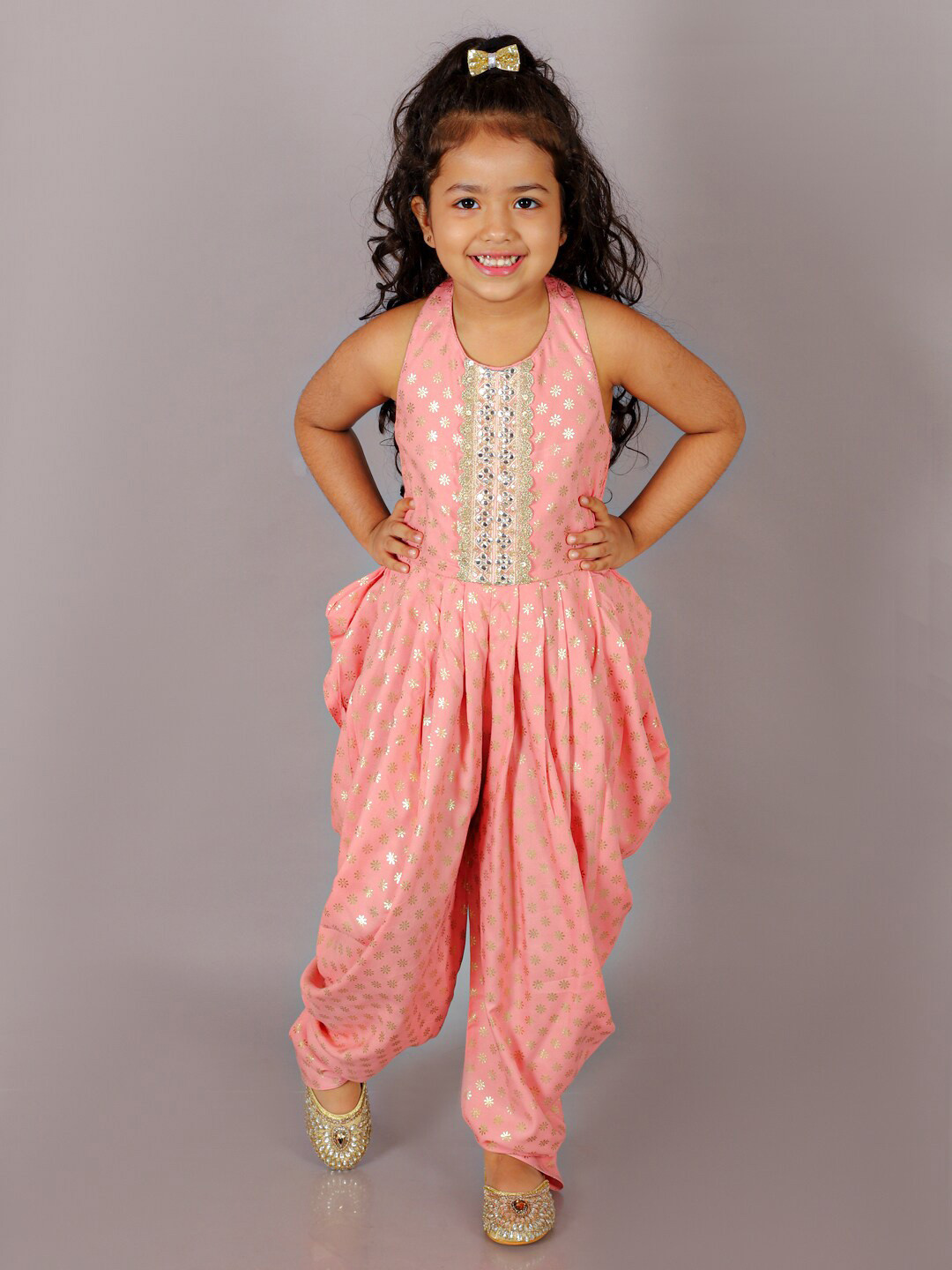 LIL DRAMA Kids Girls Halter Neck Floral Foil Printed Basic Jumpsuit