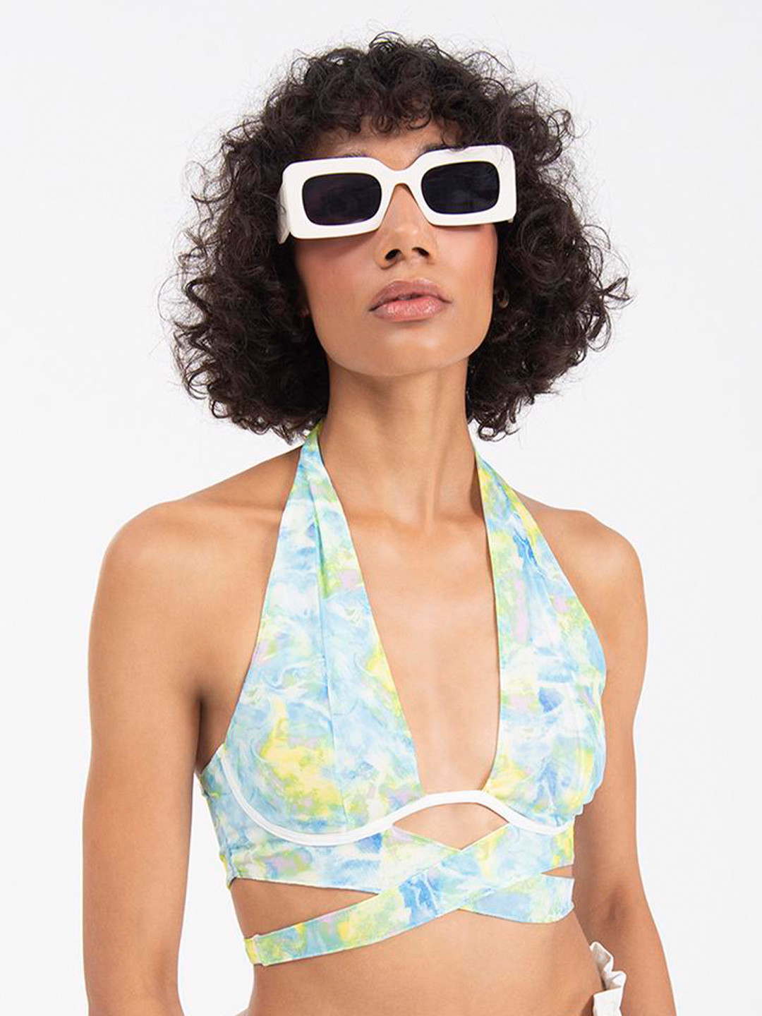 PRET A TUER Abstract Print Halter Neck Tie-Ups Bralette Crop Top