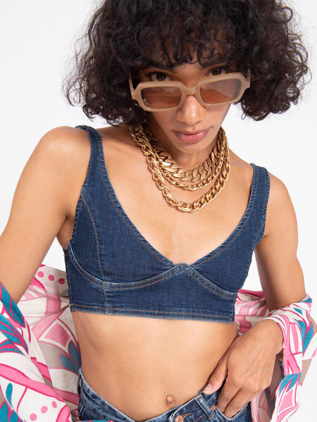 PRET A TUER Scoop Neck Sleeveless Denim Bralette Crop Top