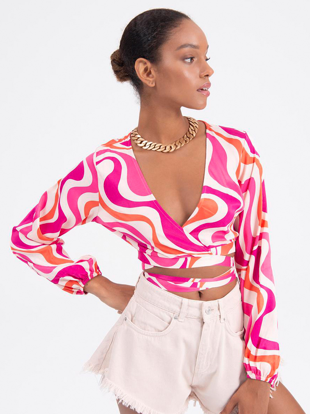 PRET A TUER Abstract Printed Waist Tie Up Wrap Crop Top