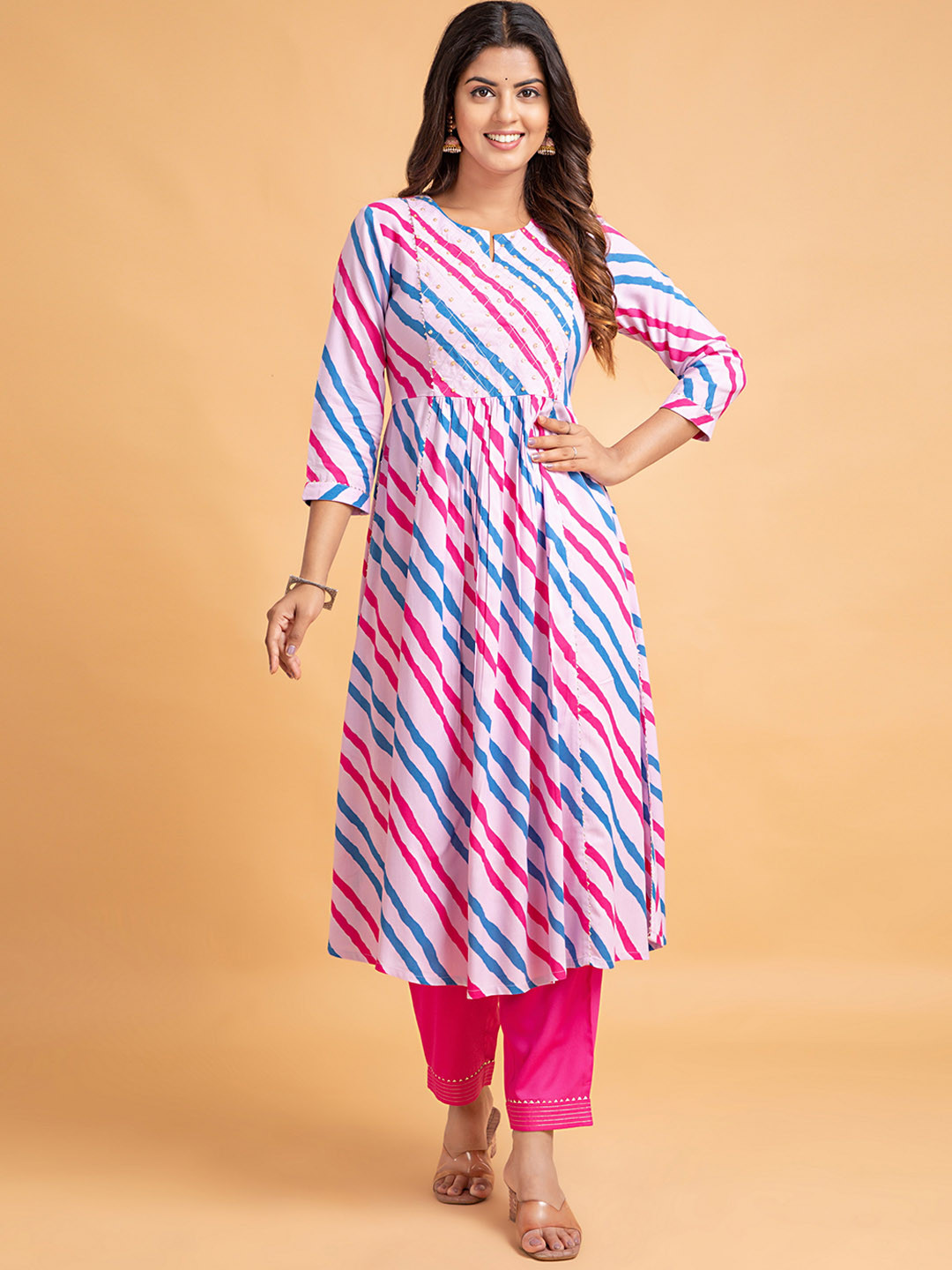 SUTI Striped Bead Work Notched Neck A-Line Kurta with Trousers