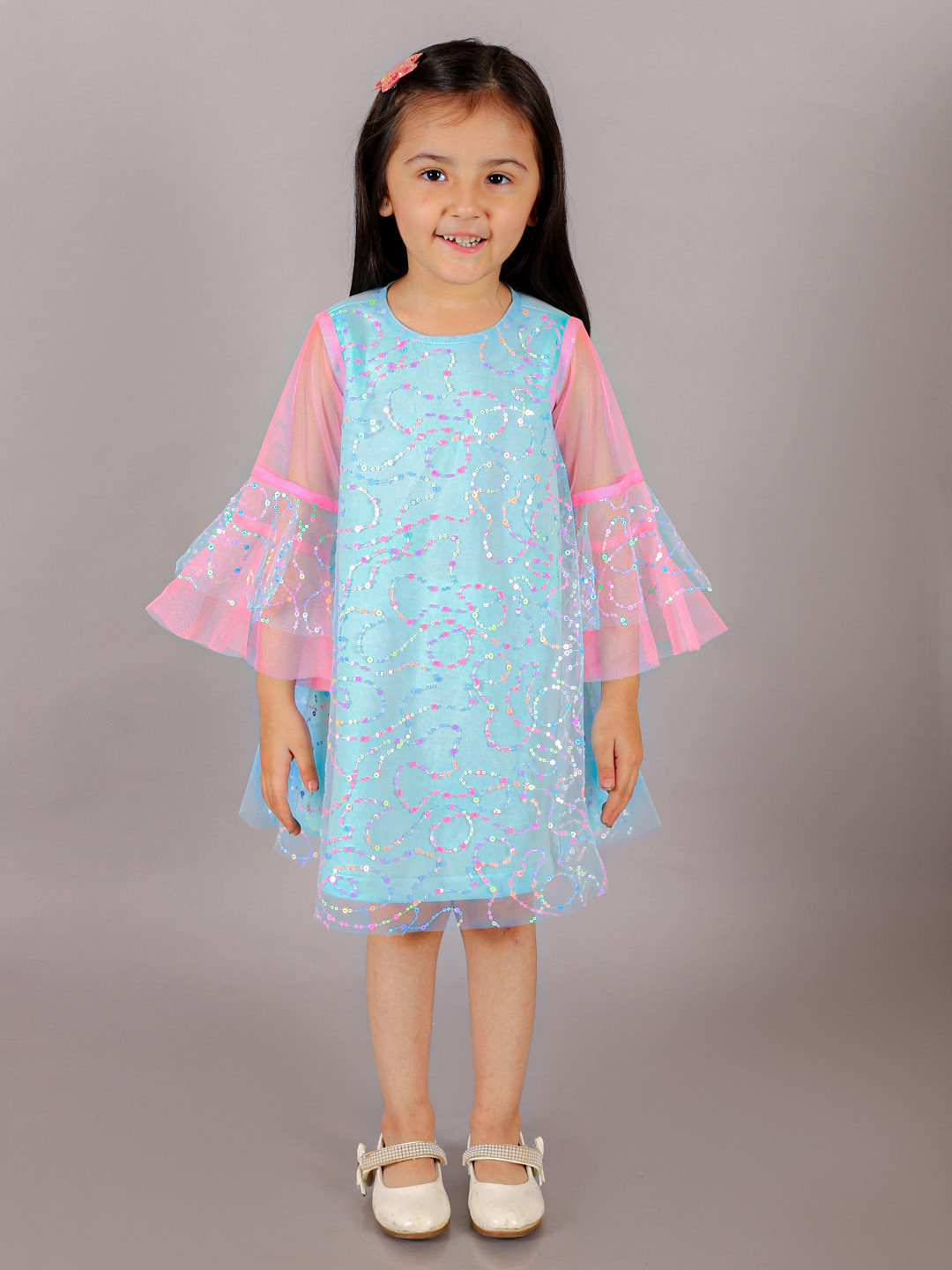 LIL DRAMA Girls Sequin Embellished Bell Sleeve A-Line Dress