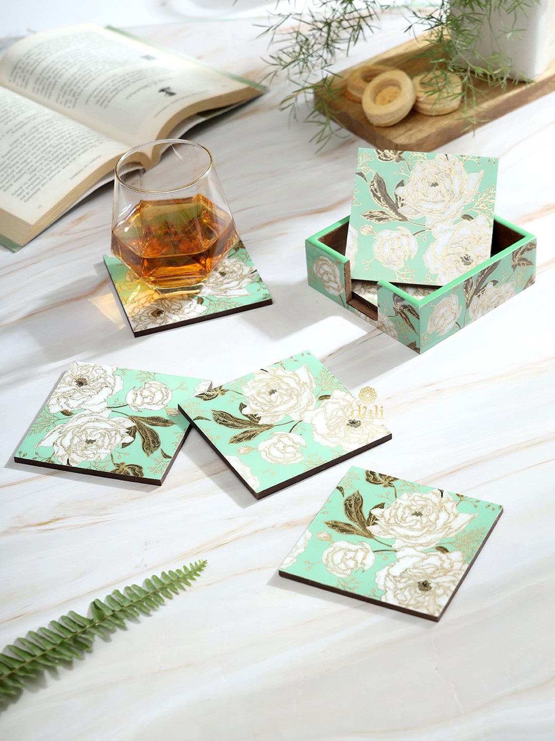 DULI Green 6 Pieces Printed MDF Wood Enamel Coasters
