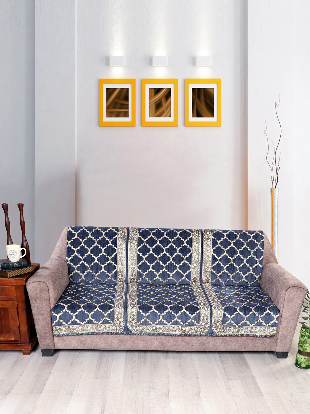 Nendle Damask Grey Velvet Self Designed 3 Seater Sofa Cover